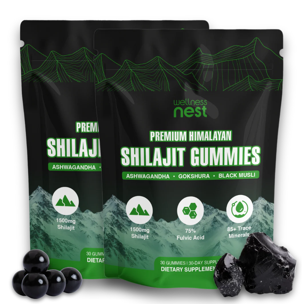 Wellness Nest Shilajit Gummies showing individual gummies with natural ingredients